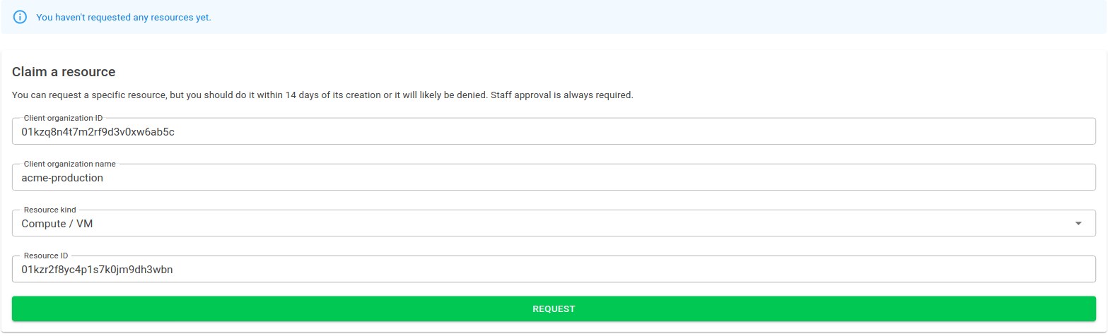 The Claim a resource form with a client organization ID, name, resource kind and resource ID filled in