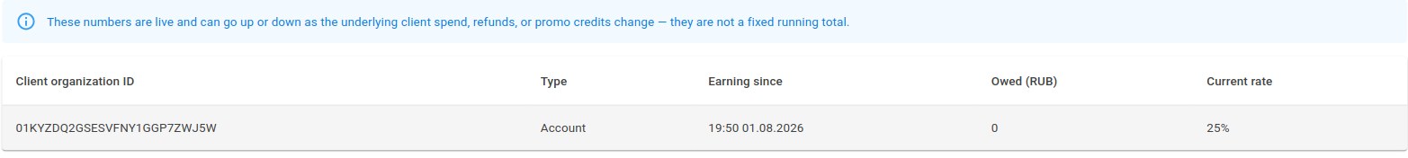The Commission ledger: one row per relationship, with type, earning-since date, amount owed and current rate