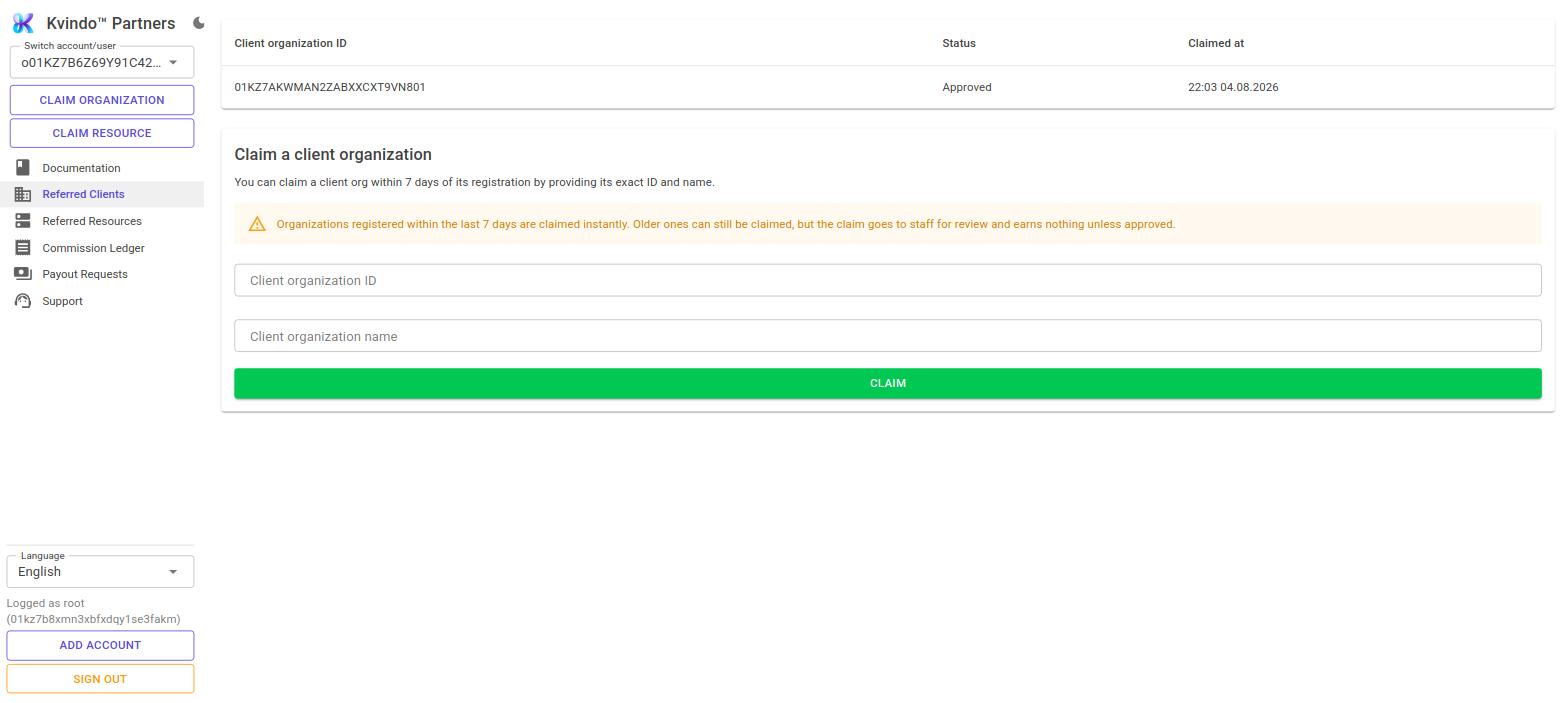 The Referred clients page: your claimed organizations above, the claim form below